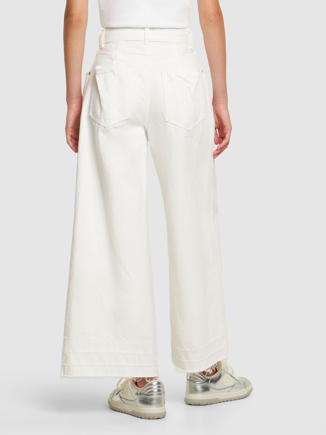 Shop Sacai High Rise Belted Denim Wide Jeans In White