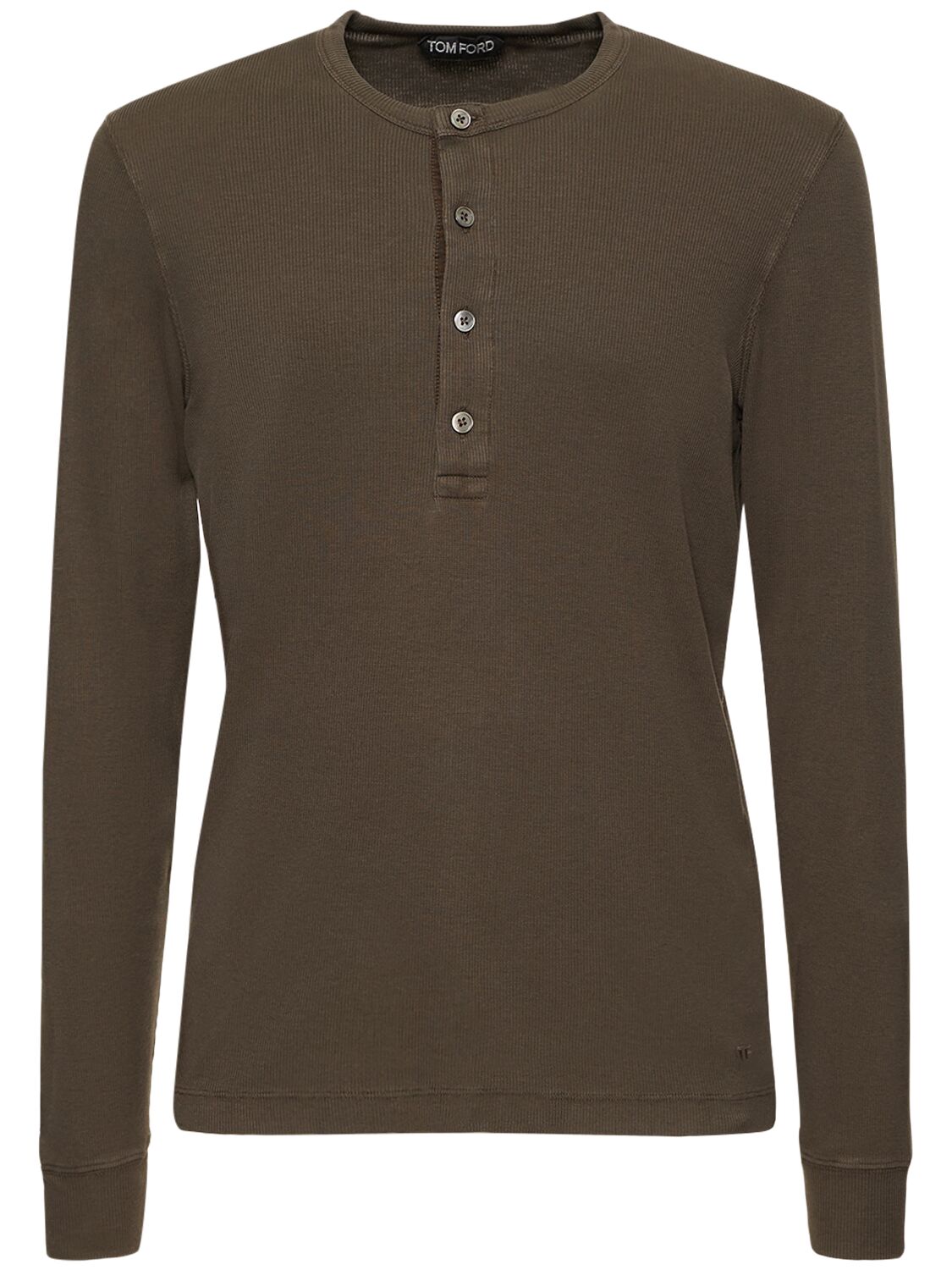 Tom Ford Henley Lyocell Blend Rib L/s T-shirt In Deep Olive