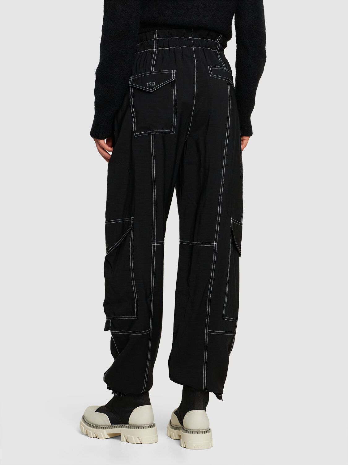 Shop Ganni Slubbed High Waisted Cargo Pants In Black