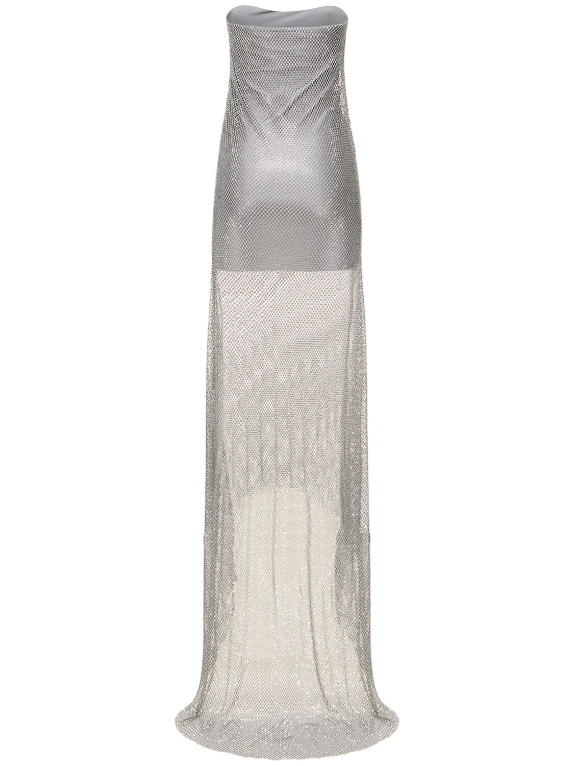 Shop Giuseppe Di Morabito Strapless Embroidered Mesh Long Dress In Silver