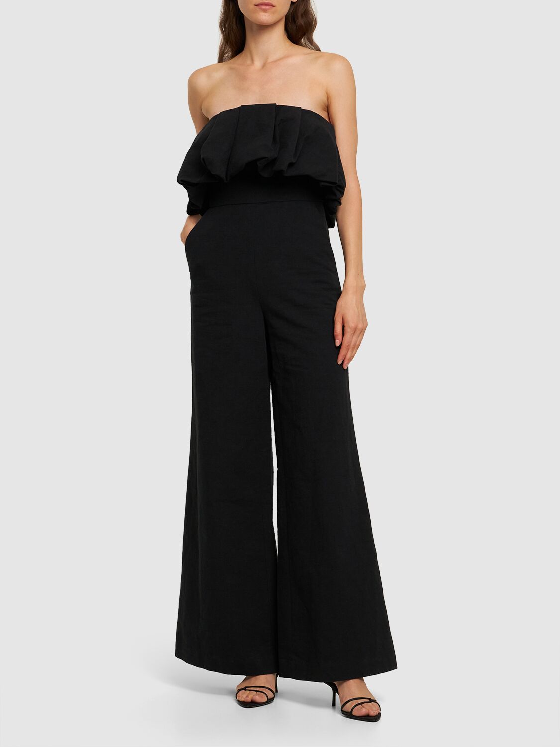Shop Jonathan Simkhai Off-shoulder Cotton & Linen Jumpsuit In Black