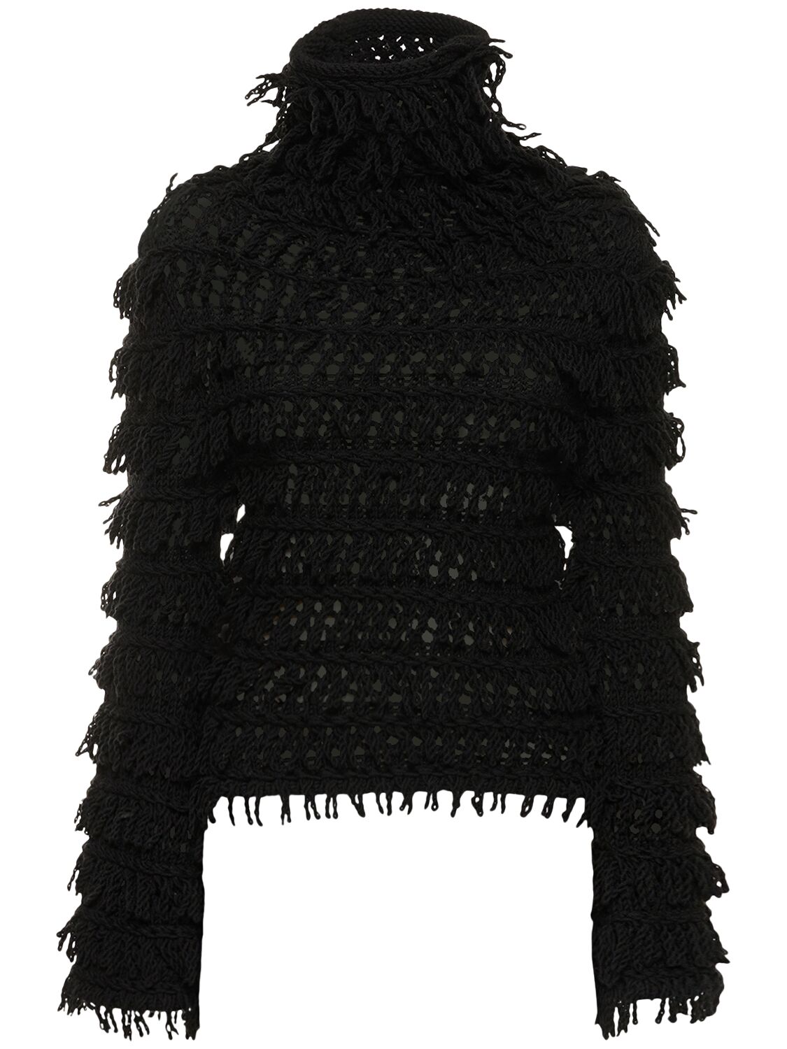 Fringed Wool Knit Turtleneck Sweater