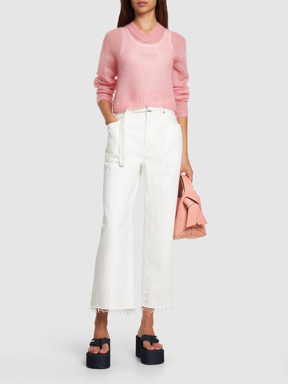 Shop Sacai High Rise Belted Denim Wide Jeans In White