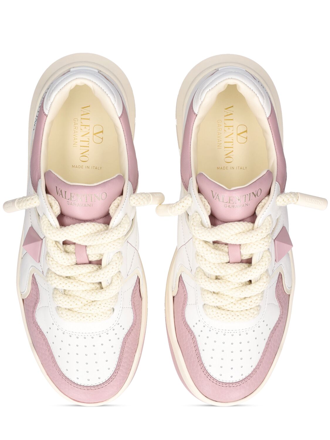 Shop Valentino One Stud Xl Leather Sneakers In White,pink