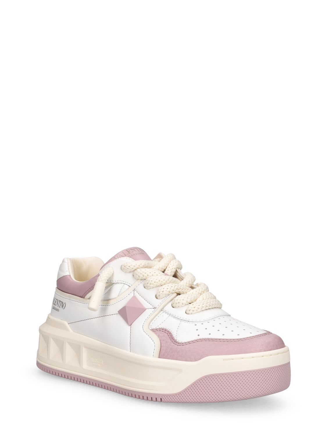 Shop Valentino One Stud Xl Leather Sneakers In White,pink