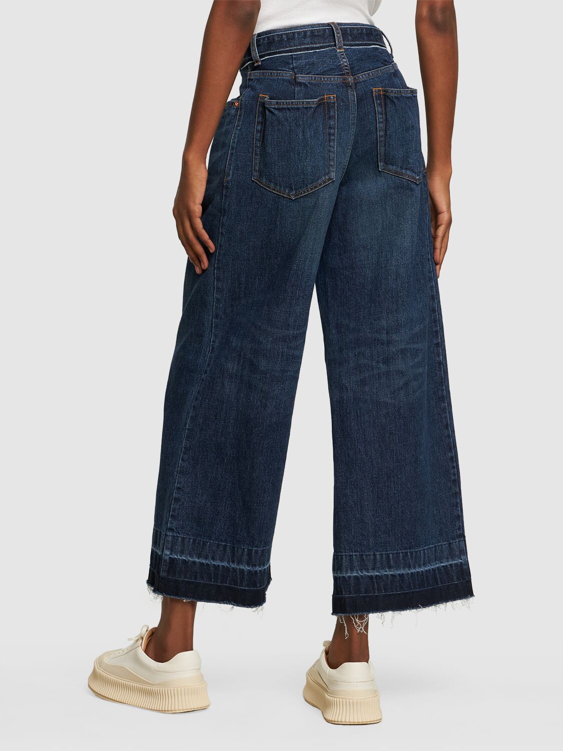 Shop Sacai High Rise Belted Denim Wide Jeans In Blue