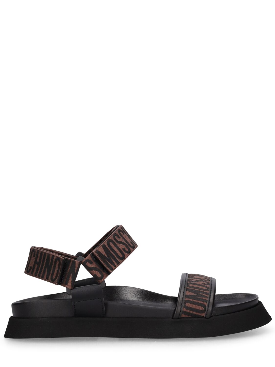 Moschino 40mm Logo Jacquard Flat Sandals In Black,brown