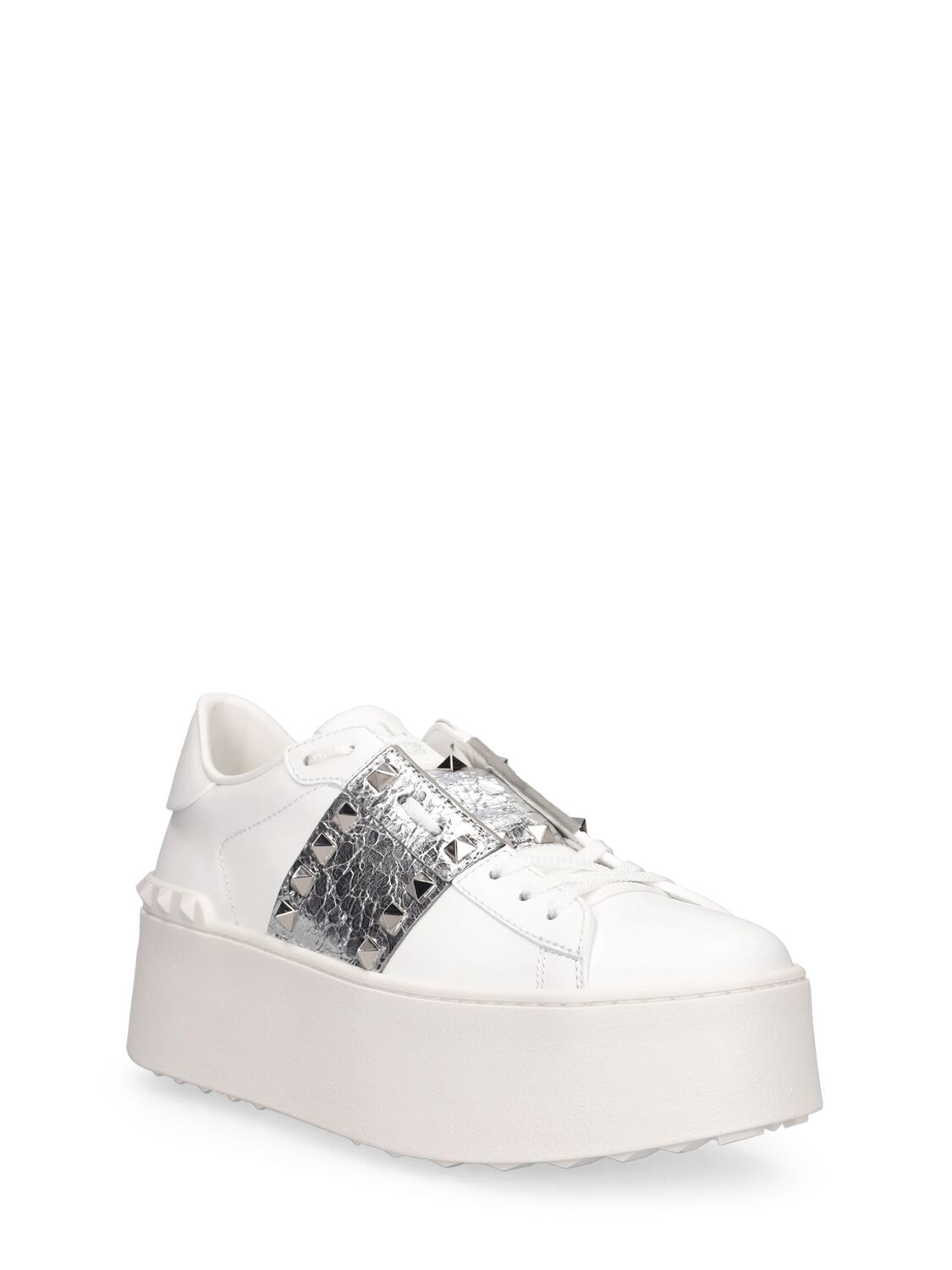 Shop Valentino Rockstud Untitled Leather Sneakers In White,silver