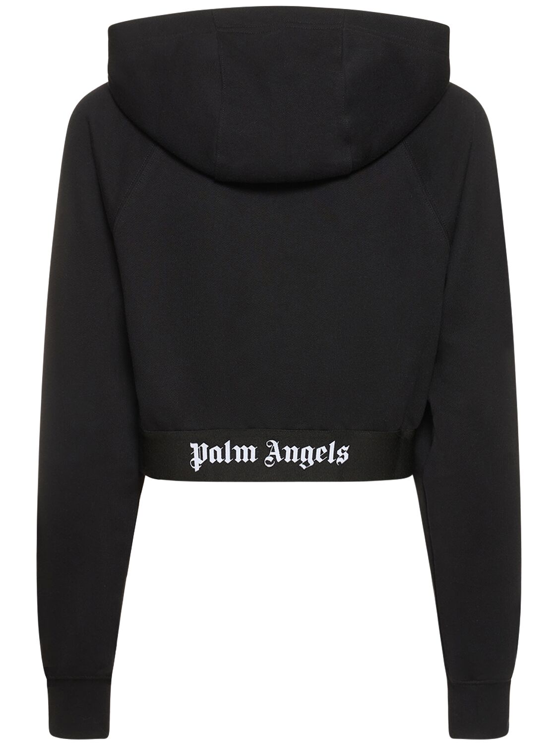 Shop Palm Angels Logo Tape Cotton Crop Hoodie In Black