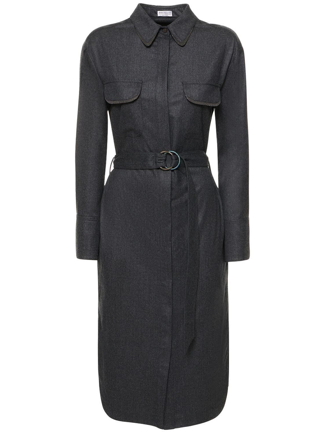Brunello Cucinelli Belted Virgin Wool Shirt Dress In Dark Grey