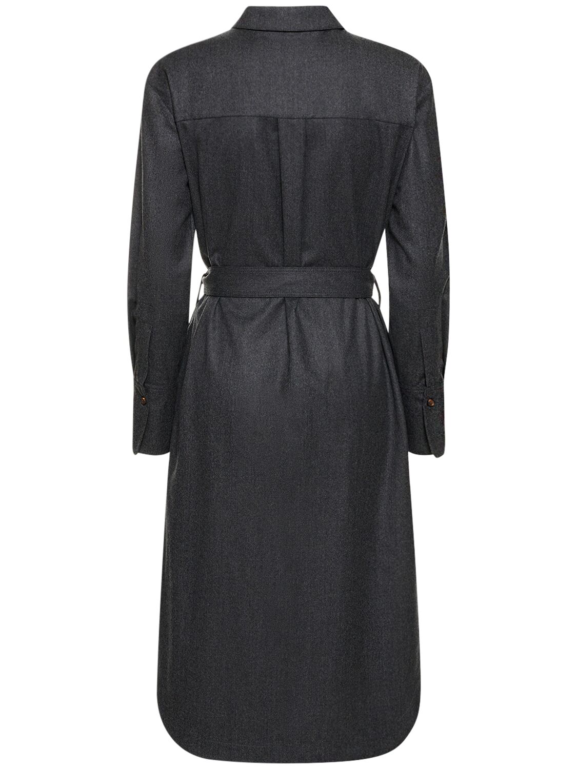 Shop Brunello Cucinelli Belted Wool Flannel Midi Shirt Dress In Dark Grey