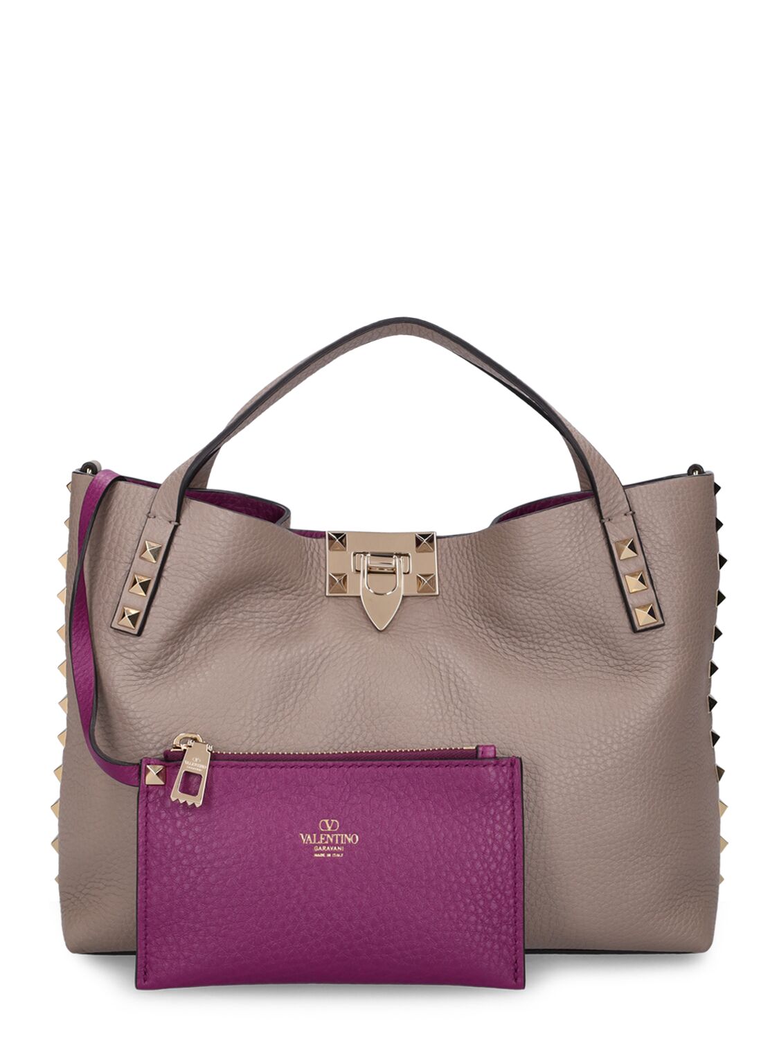 Shop Valentino Small Rockstud Leather Tote Bag In Moon Taupe,prun