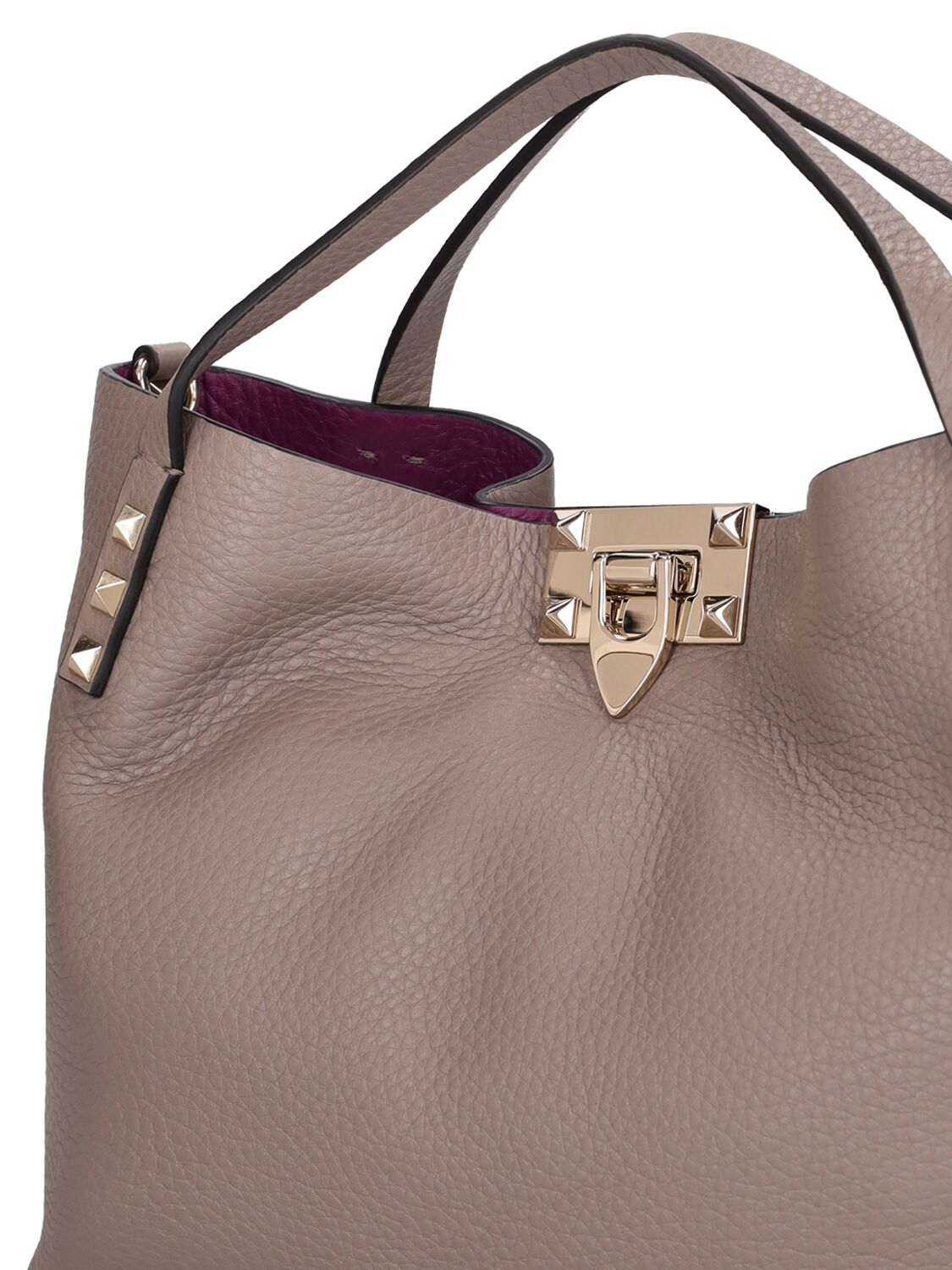 Shop Valentino Small Rockstud Leather Tote Bag In Moon Taupe,prun