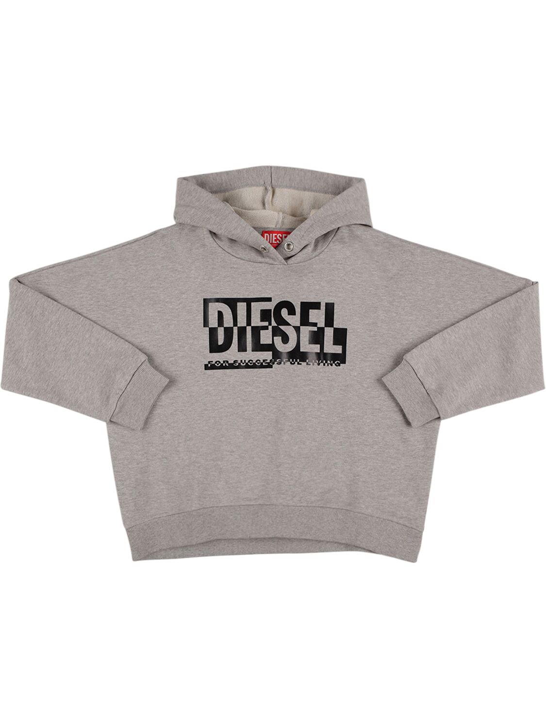Diesel Kids' Rubberized Logo Cropped Cotton Hoodie In Grey