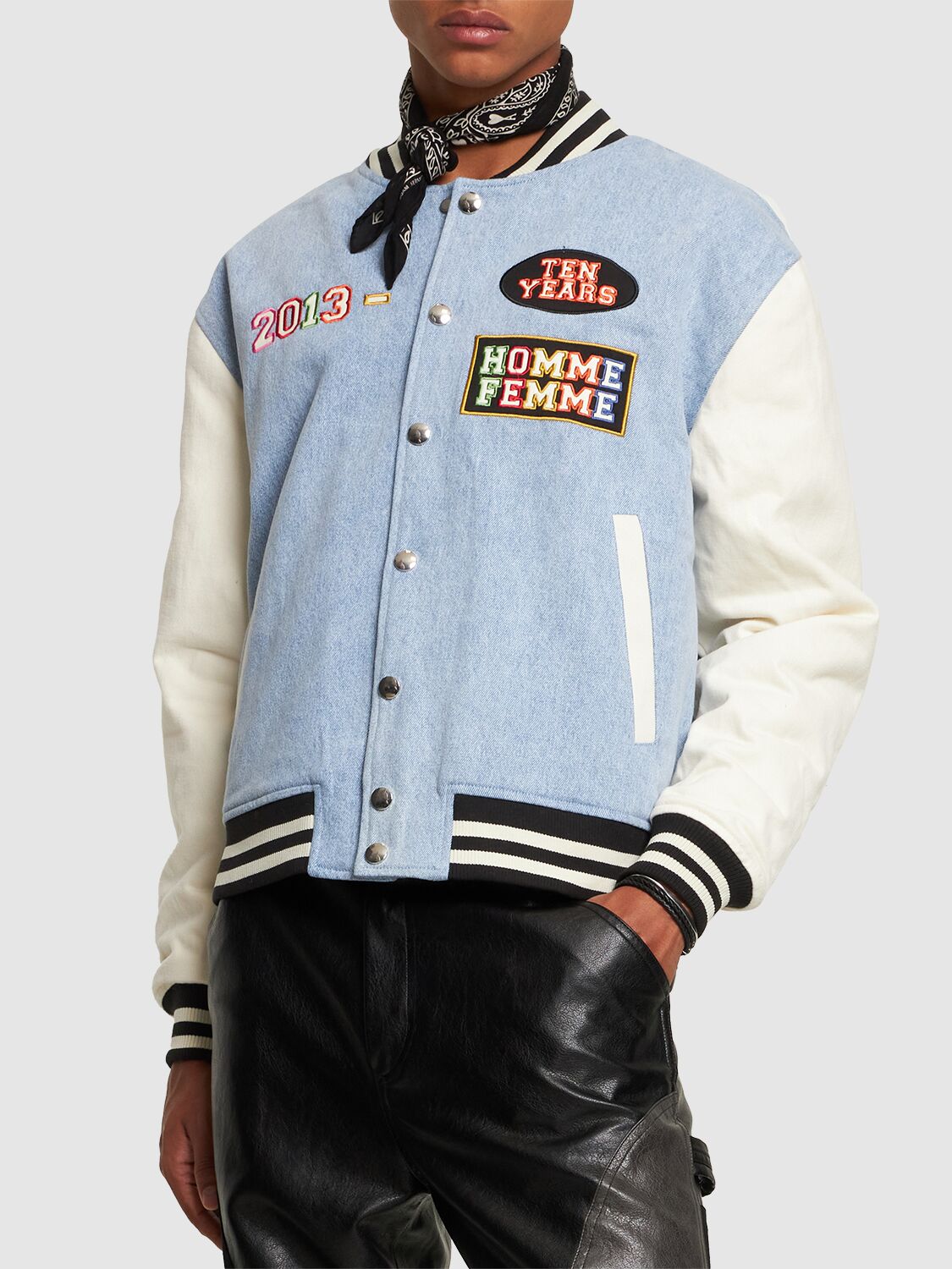 Homme + Femme La 10 Year Denim & Twill Varsity Jacket In Blue