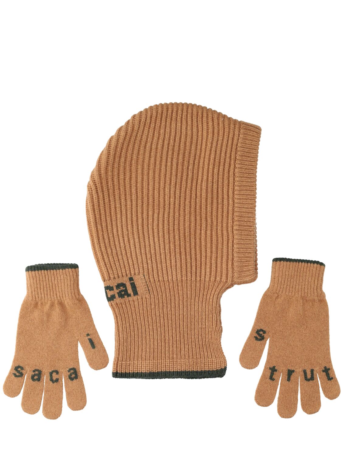 Sacai Knit Wool Balaclava & Gloves Set In Beige