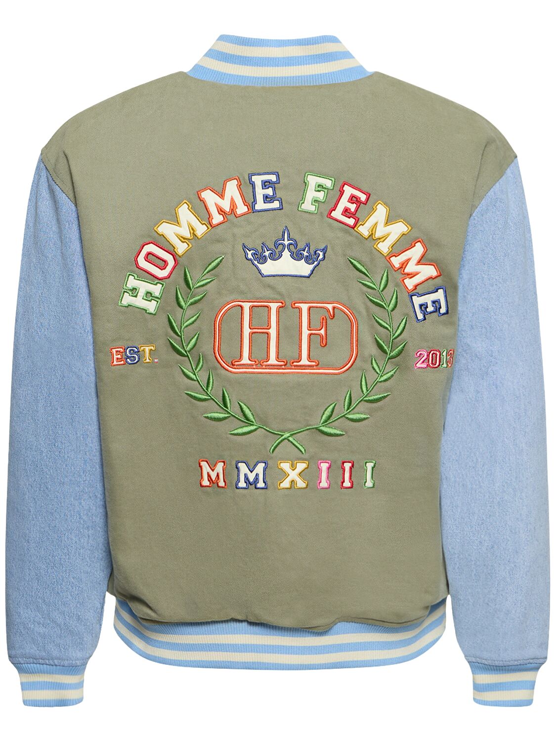 Shop Homme + Femme La 10 Year Twill & Denim Varsity Jacket In Green,blue