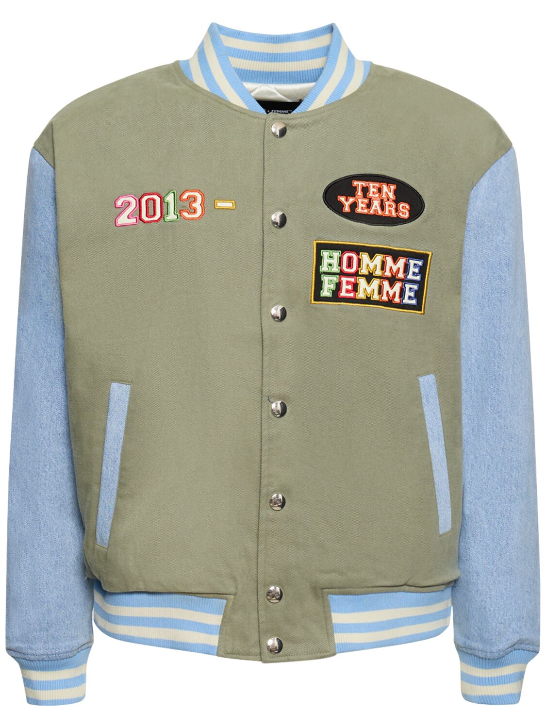 Homme + Femme La 10 Year Twill & Denim Varsity Jacket In Green,blue
