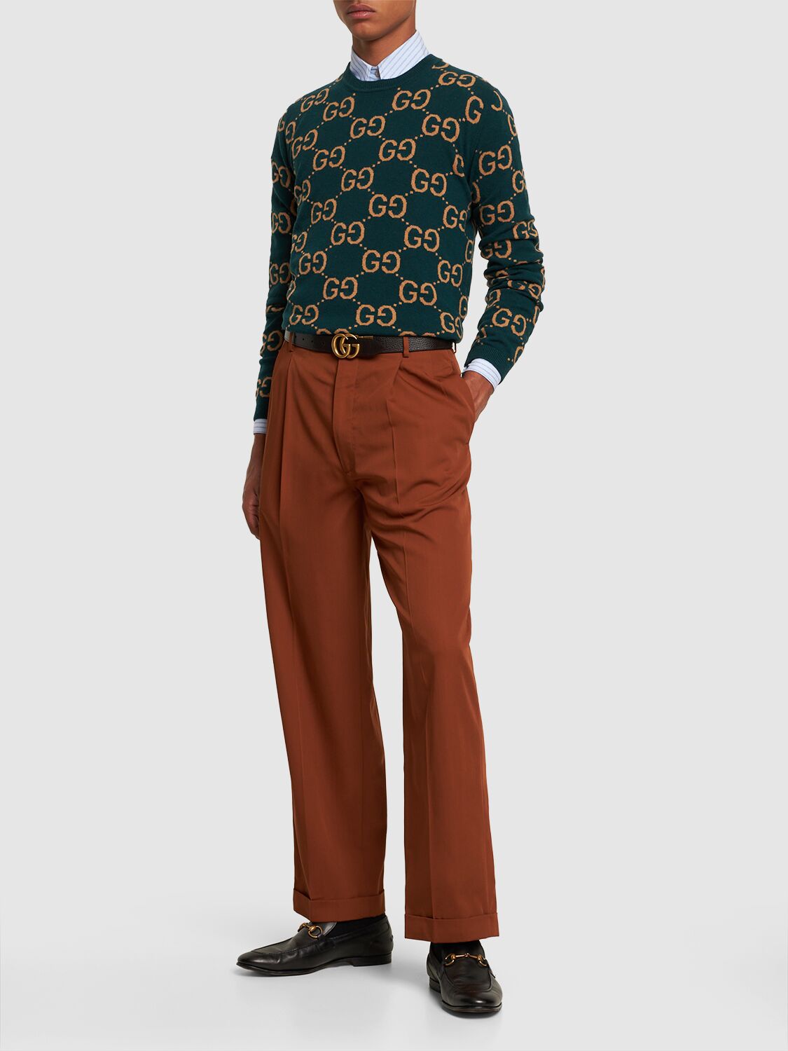 Shop Gucci Gg Wool Knit Crewneck Sweater In Green,camel