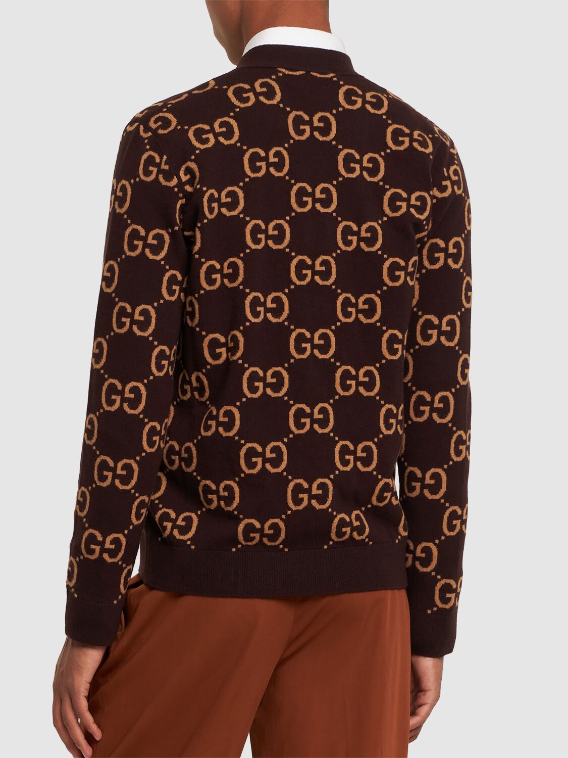 Shop Gucci Gg Wool Knit Cardigan In Bordeaux,camel