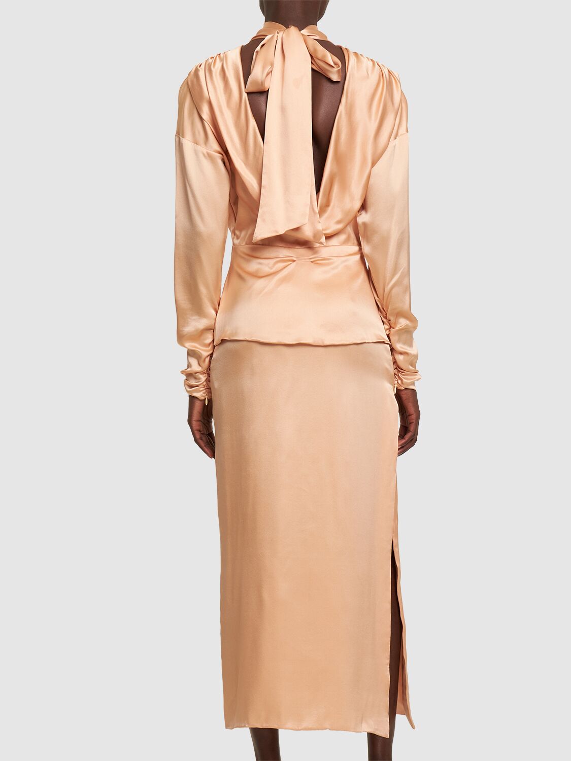 Alessandra Rich Open Back Silk Satin Midi Dress W/ Bow In Blush Pink