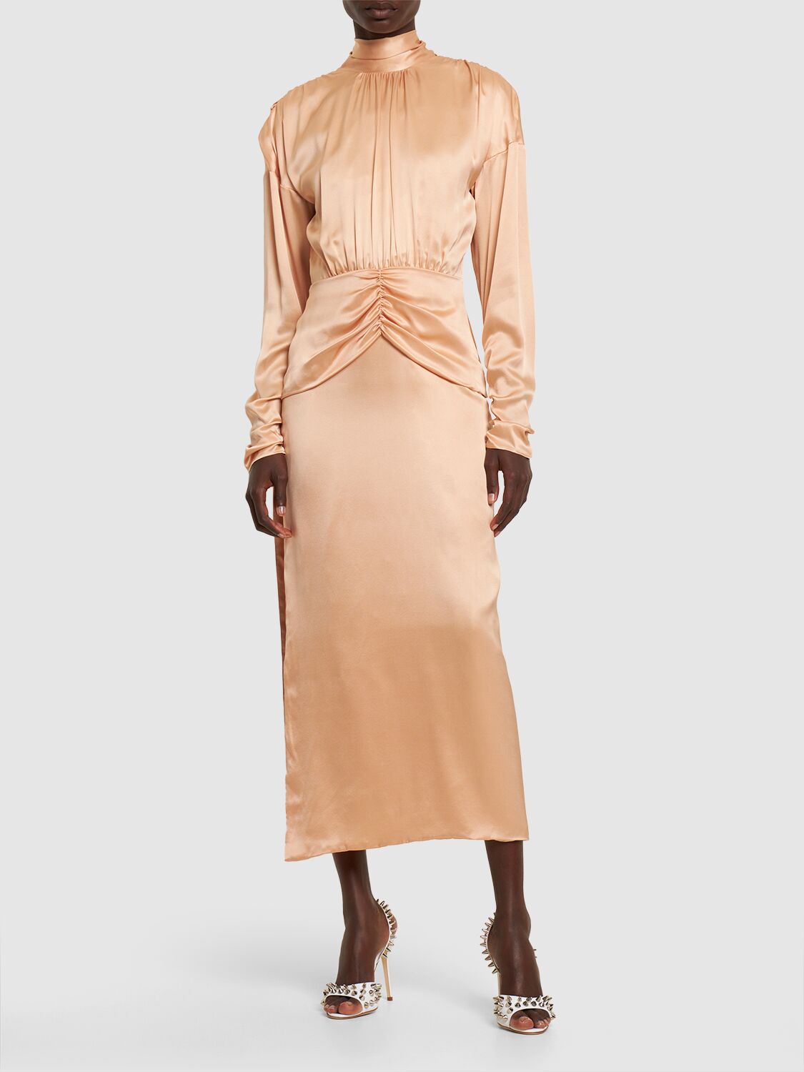 Alessandra Rich Open Back Silk Satin Midi Dress W/ Bow In Blush Pink