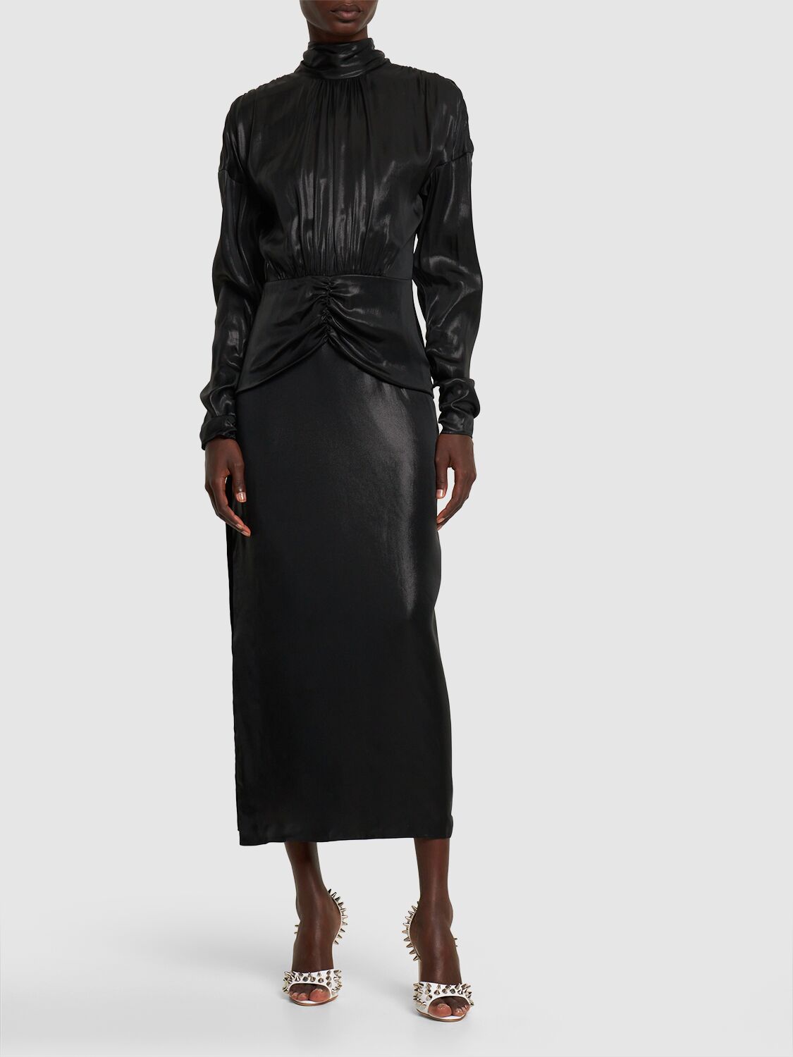 Alessandra Rich Open Back Laminated Cady Midi Dress In Black