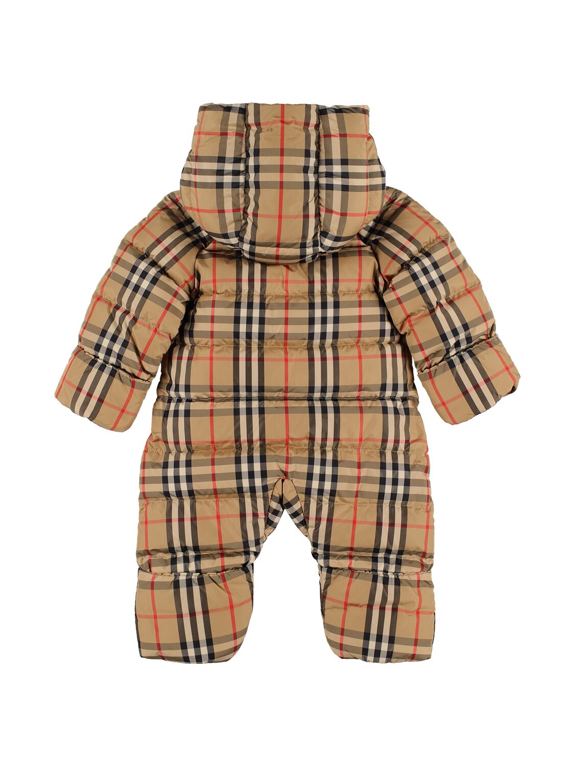 Shop Burberry Check Print Nylon Down Romper In Beige