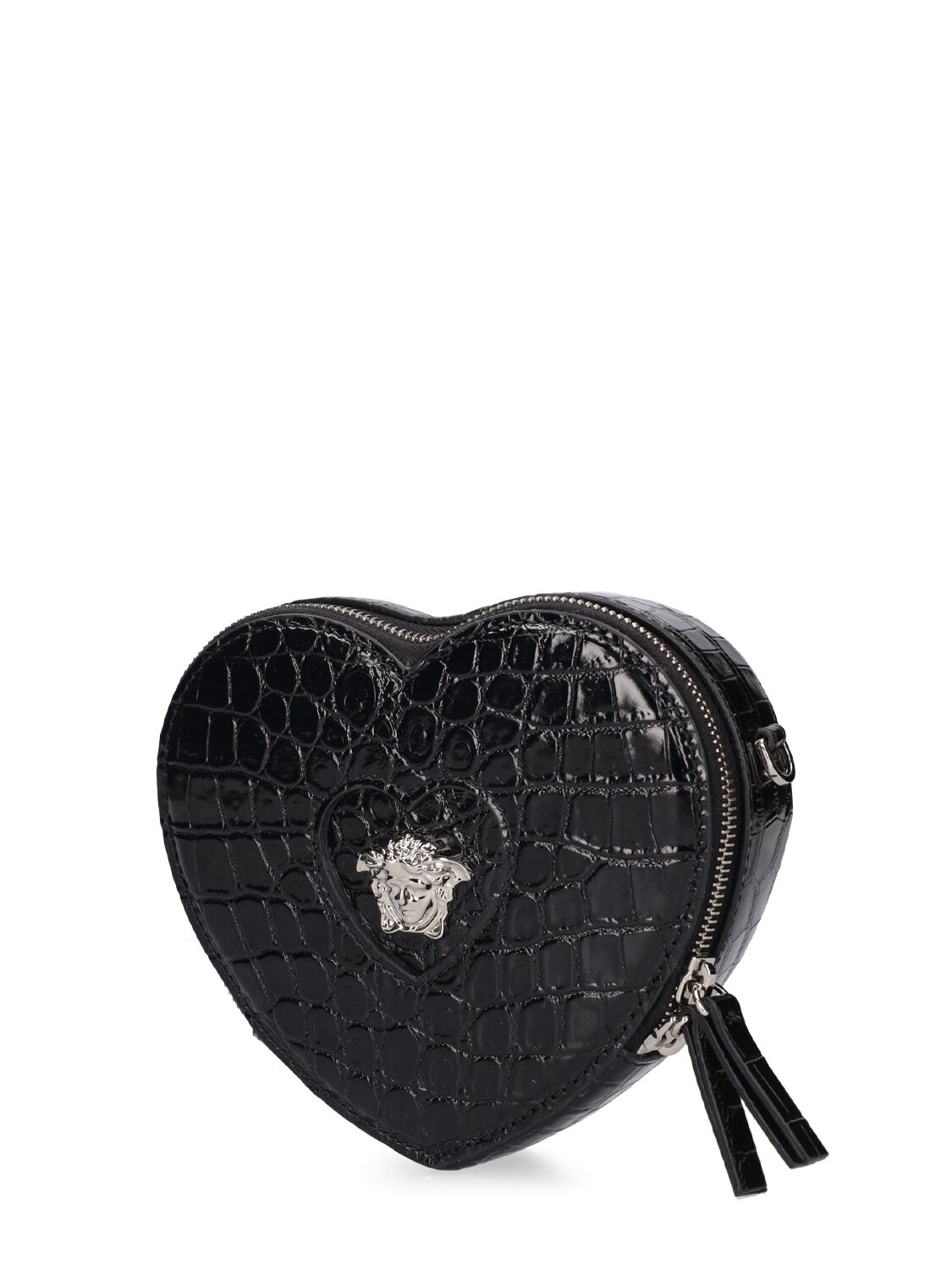 Shop Versace Heart Croc Embossed Leather Shoulder Bag In Black