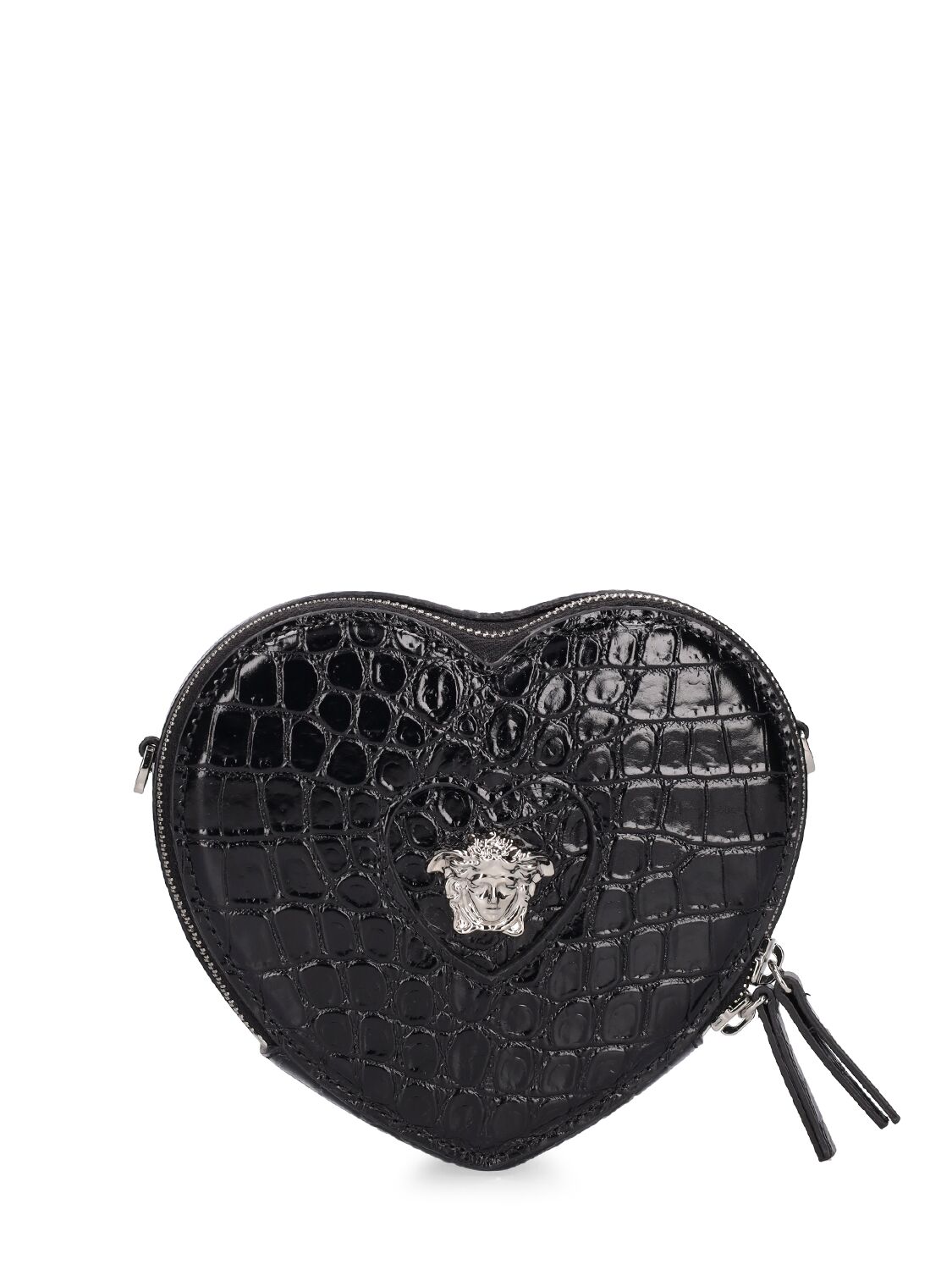 Image of Heart Croc Embossed Leather Shoulder Bag