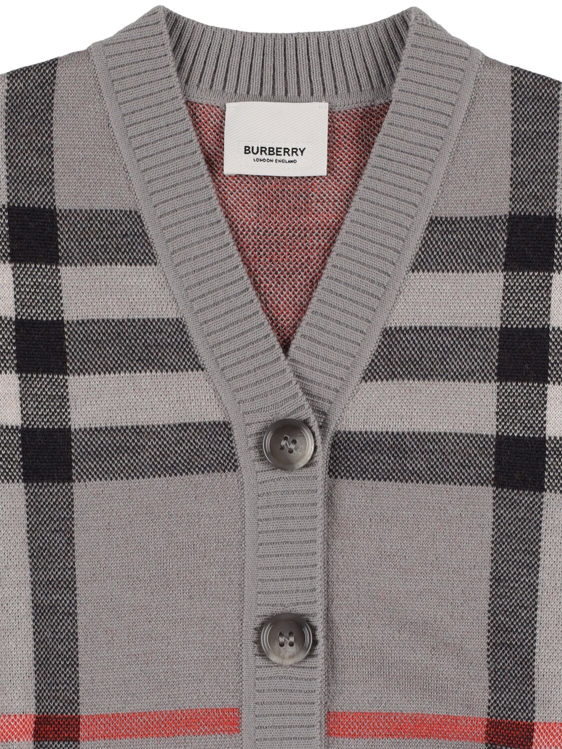 BURBERRY CHECK INTARSIA WOOL BLEND KNIT CARDIGAN 