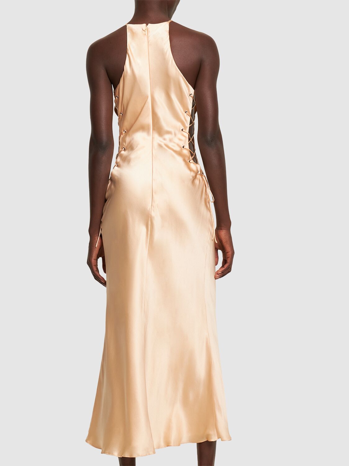 Alessandra Rich Silk Satin Midi Dress W/ Side Lace-up In Pink