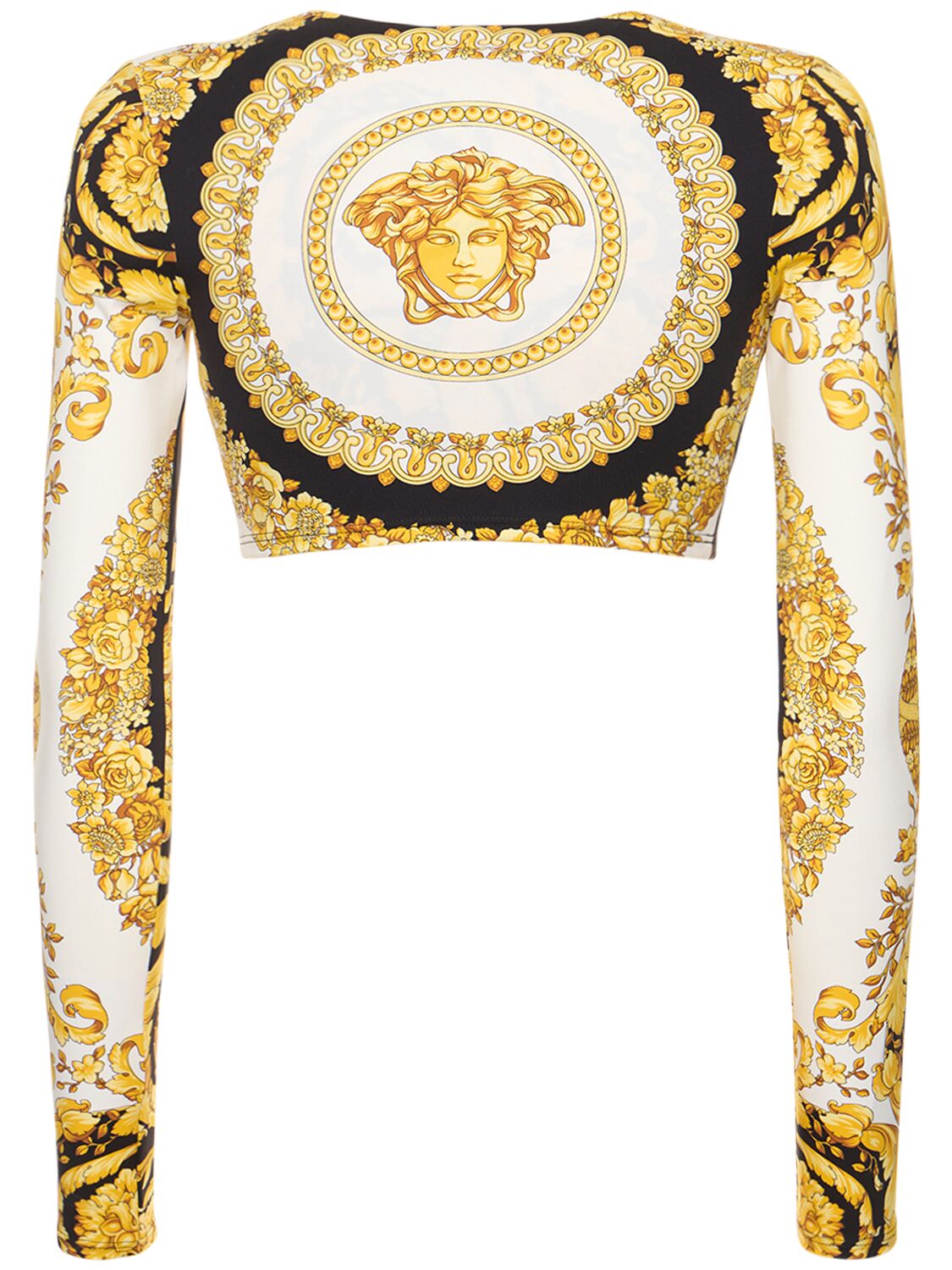 Shop Versace Barocco Printed Jersey Crop Top In Black,gold