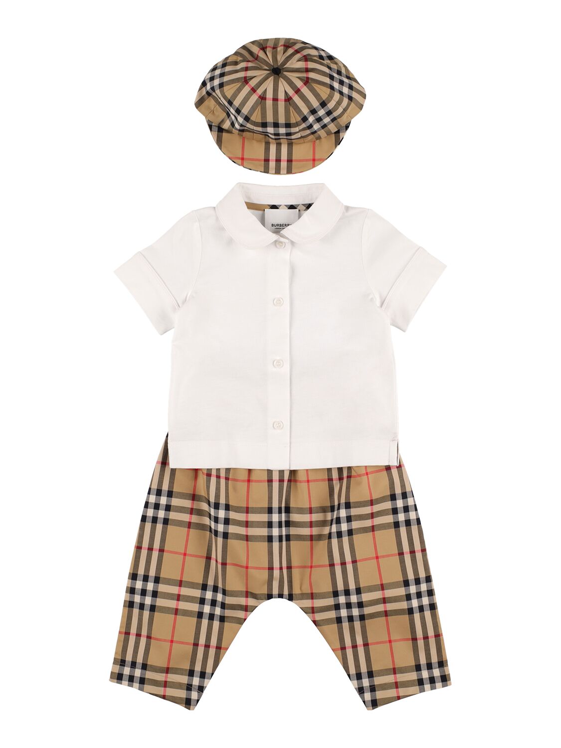 Burberry Babies' Check Print Cotton Shirt, Trousers & Hat In Brown