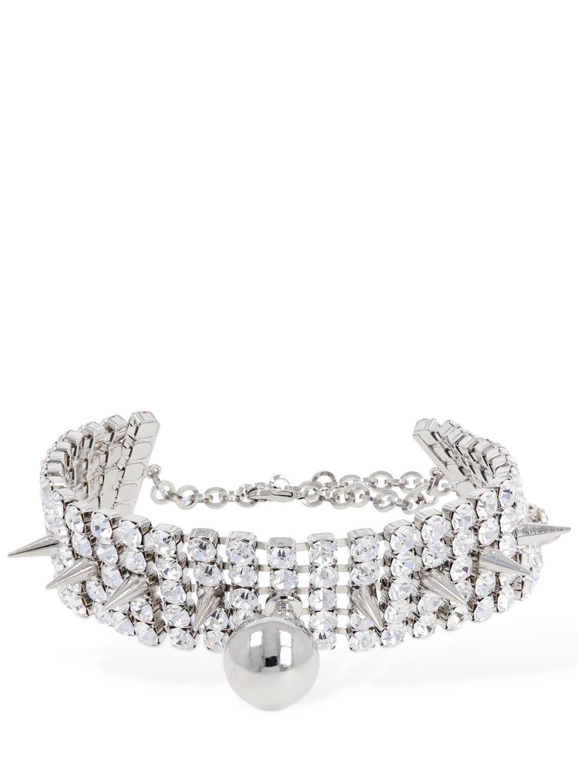 Alessandra Rich Crystal Choker W/ Spikes & Pendant In Silver