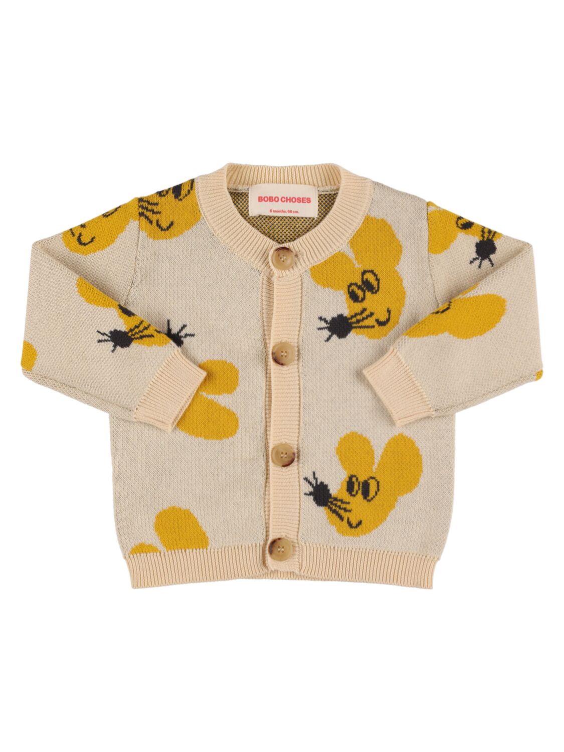 Shop Bobo Choses Mouse Print Cotton Knit Cardigan In Yellow,beige