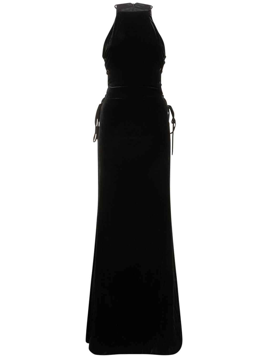 Alessandra Rich Lace-up Halterneck Velvet Gown In Black