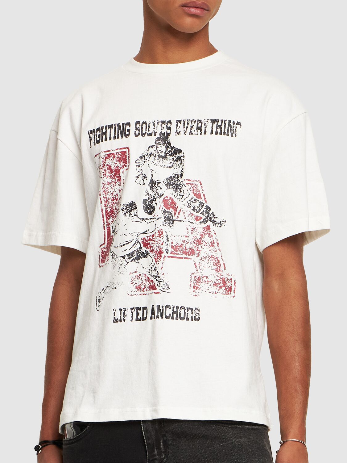 Shop Lifted Anchors Fighting Printed T-shirt In White
