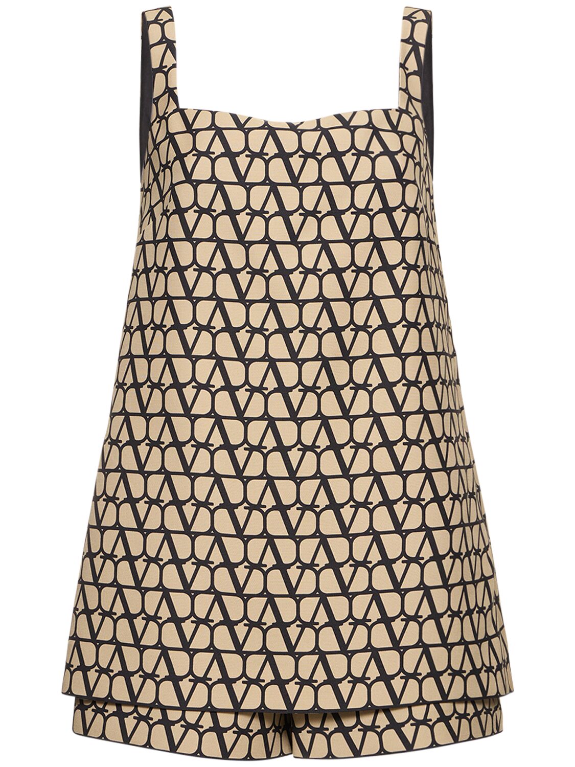 Valentino Crepe Couture Logo Jacquard Playsuit In Beige,black