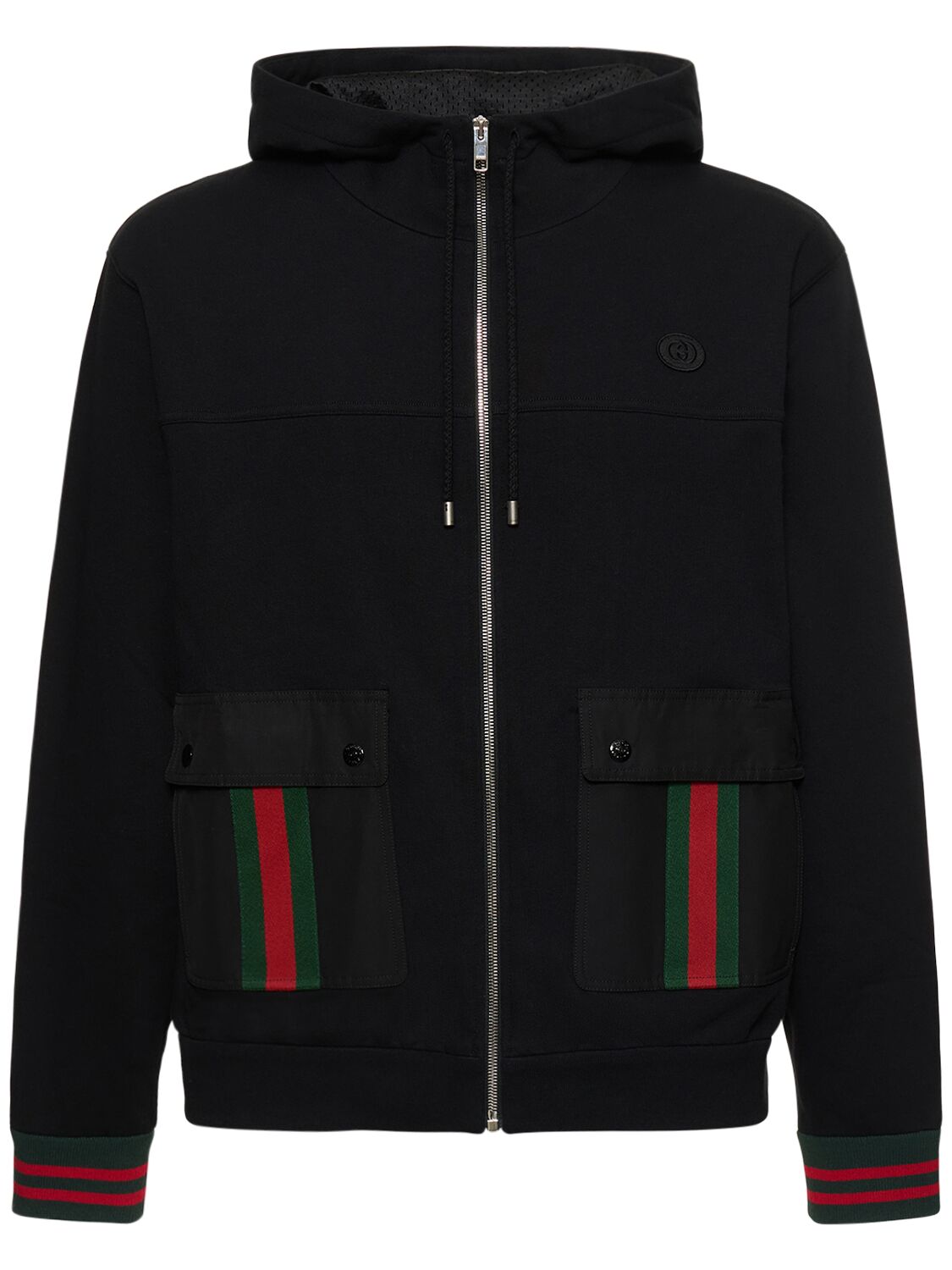 Shop Gucci Zip-up Cotton Sweatshirt W/ Web Details In Black,multi