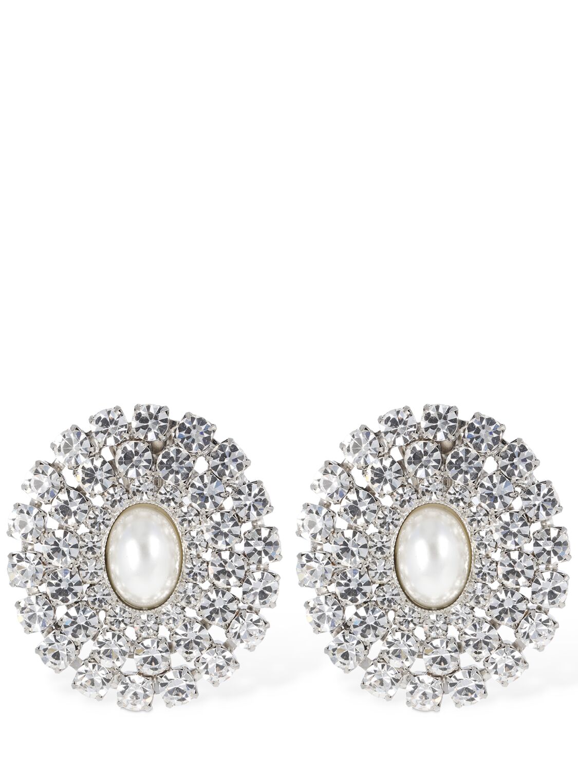 Alessandra Rich Oval Crystal Earrings W/ Pearl In Silver