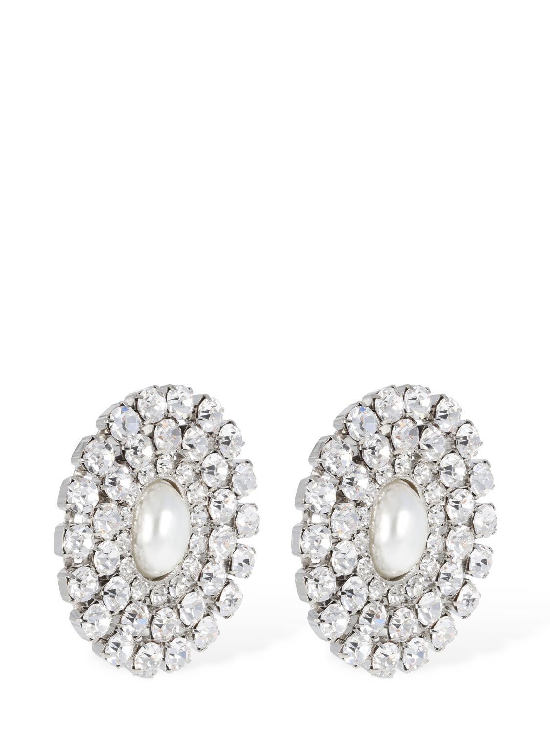Shop Alessandra Rich Oval Crystal Earrings W/ Pearl In Silver