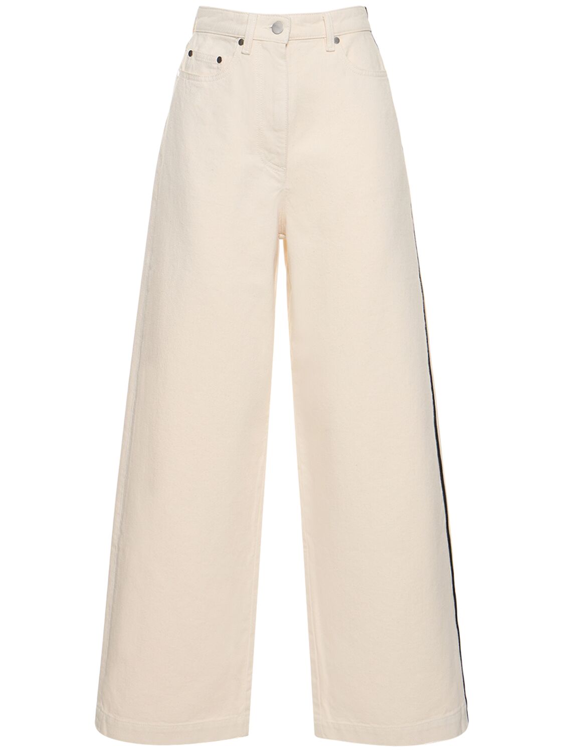 Shop Peter Do Cotton Denim Wide Jeans W/ Side Stripes In Off-white