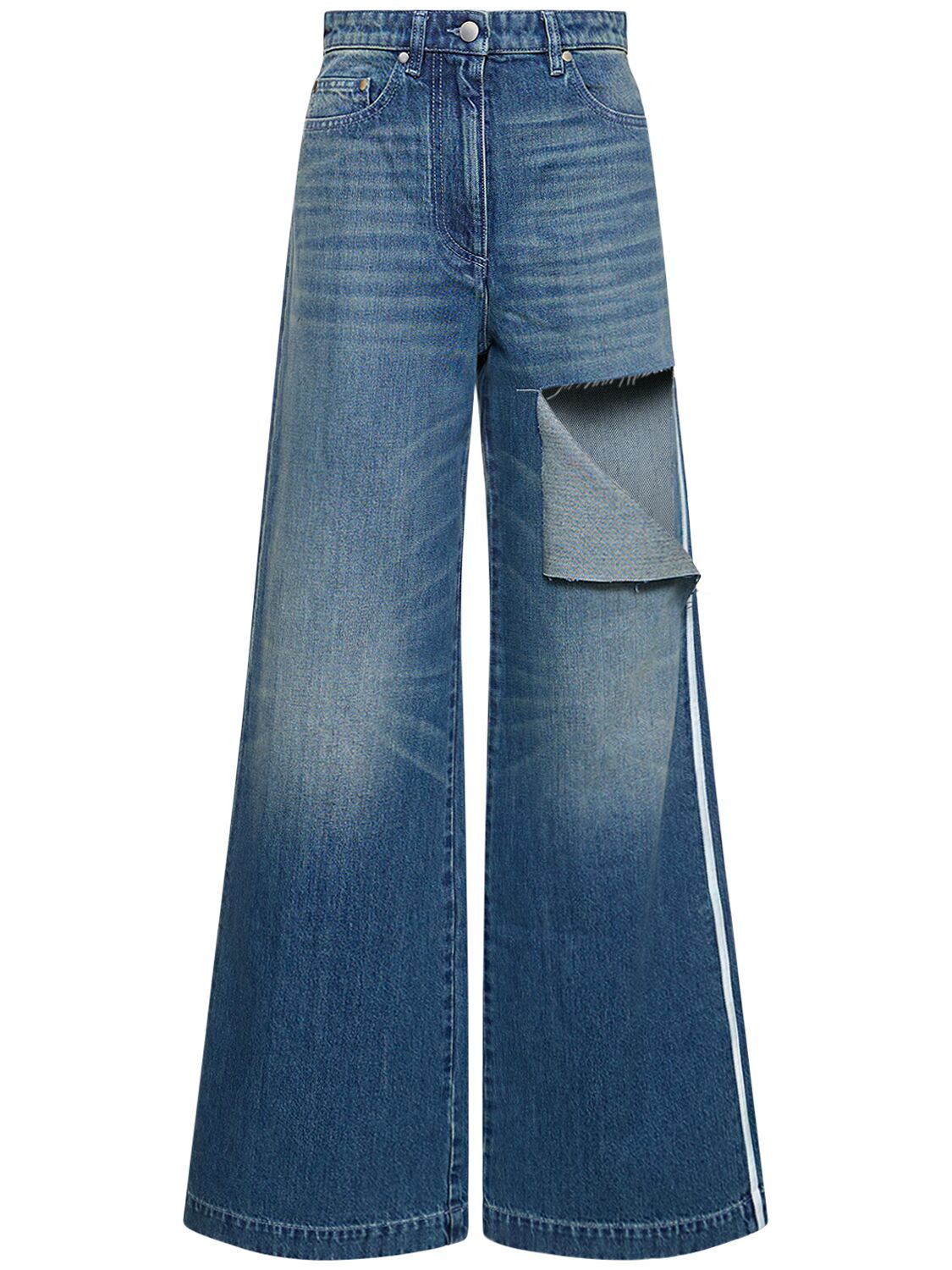 Image of Cotton Denim Cut Out Wide Jeans