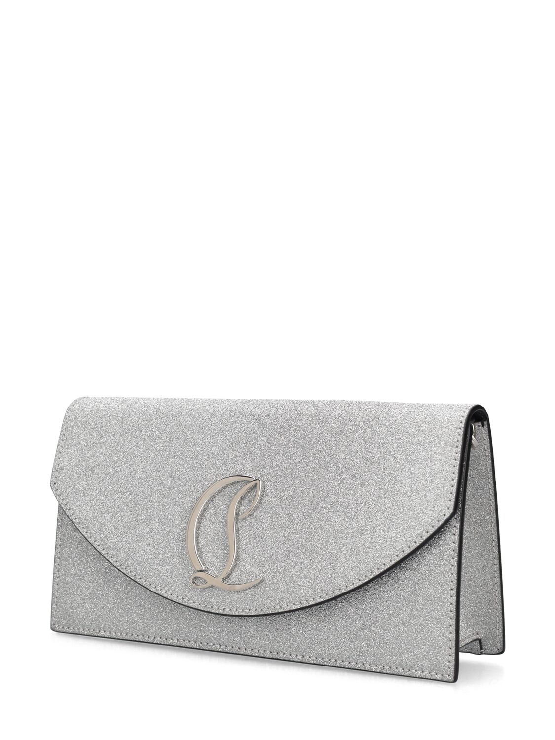 Shop Christian Louboutin Small Logo Glittered Leather Clutch In Silver