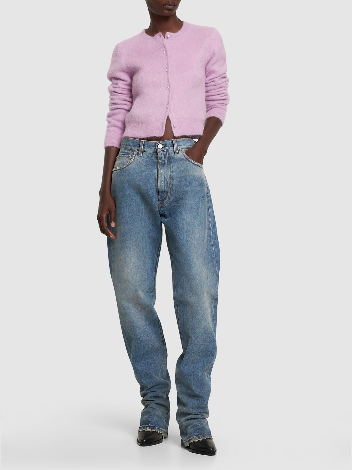 Shop Maison Margiela Angora Blend Knit Crop Cardigan In Lilac