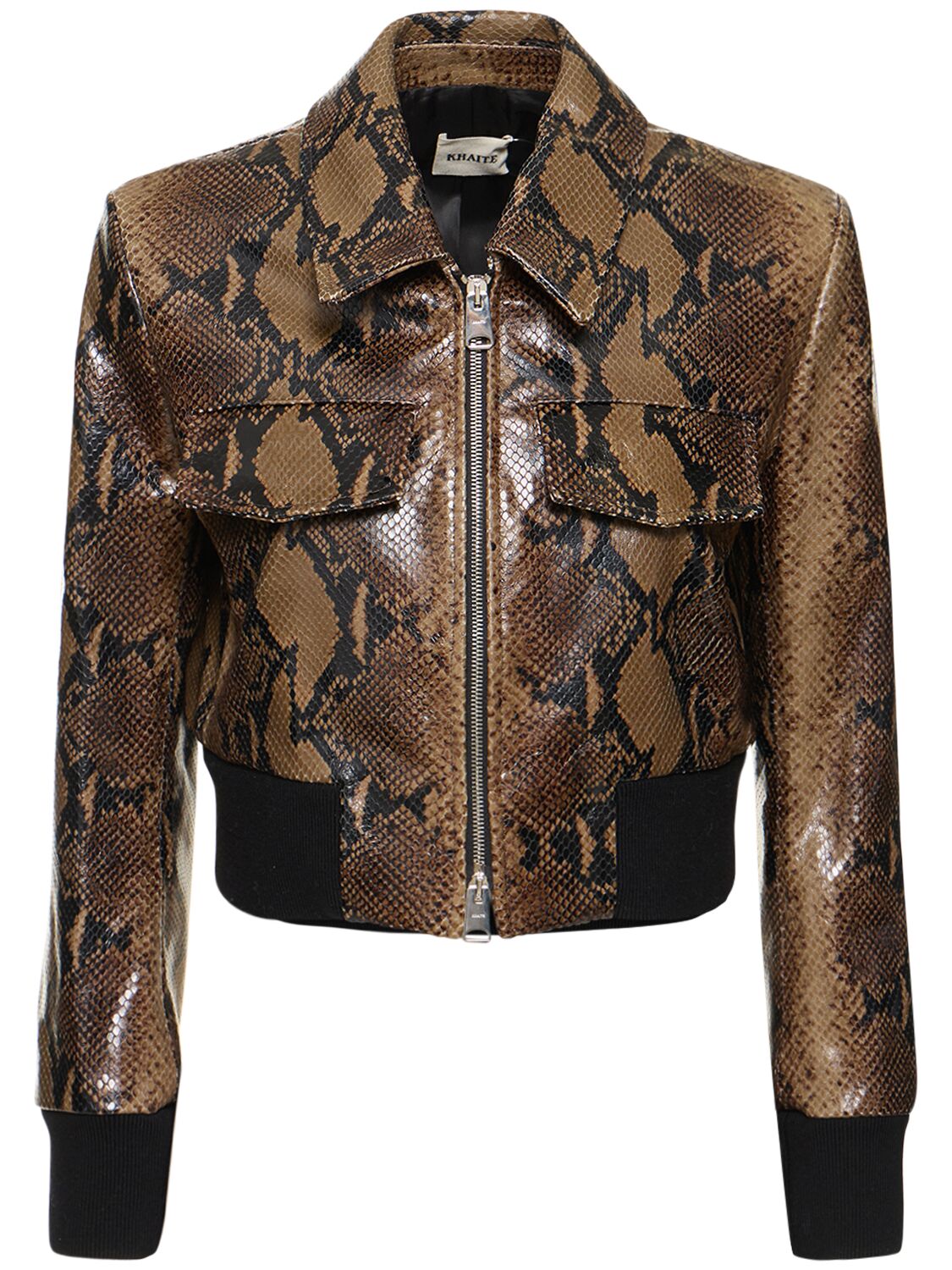 Khaite Women's Hector Snake-Print Leather Cropped Jacket - Brown - Size Small