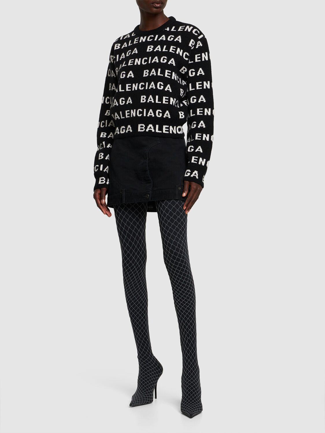 Shop Balenciaga All Over Logo Wool Blend Sweater In Black,white