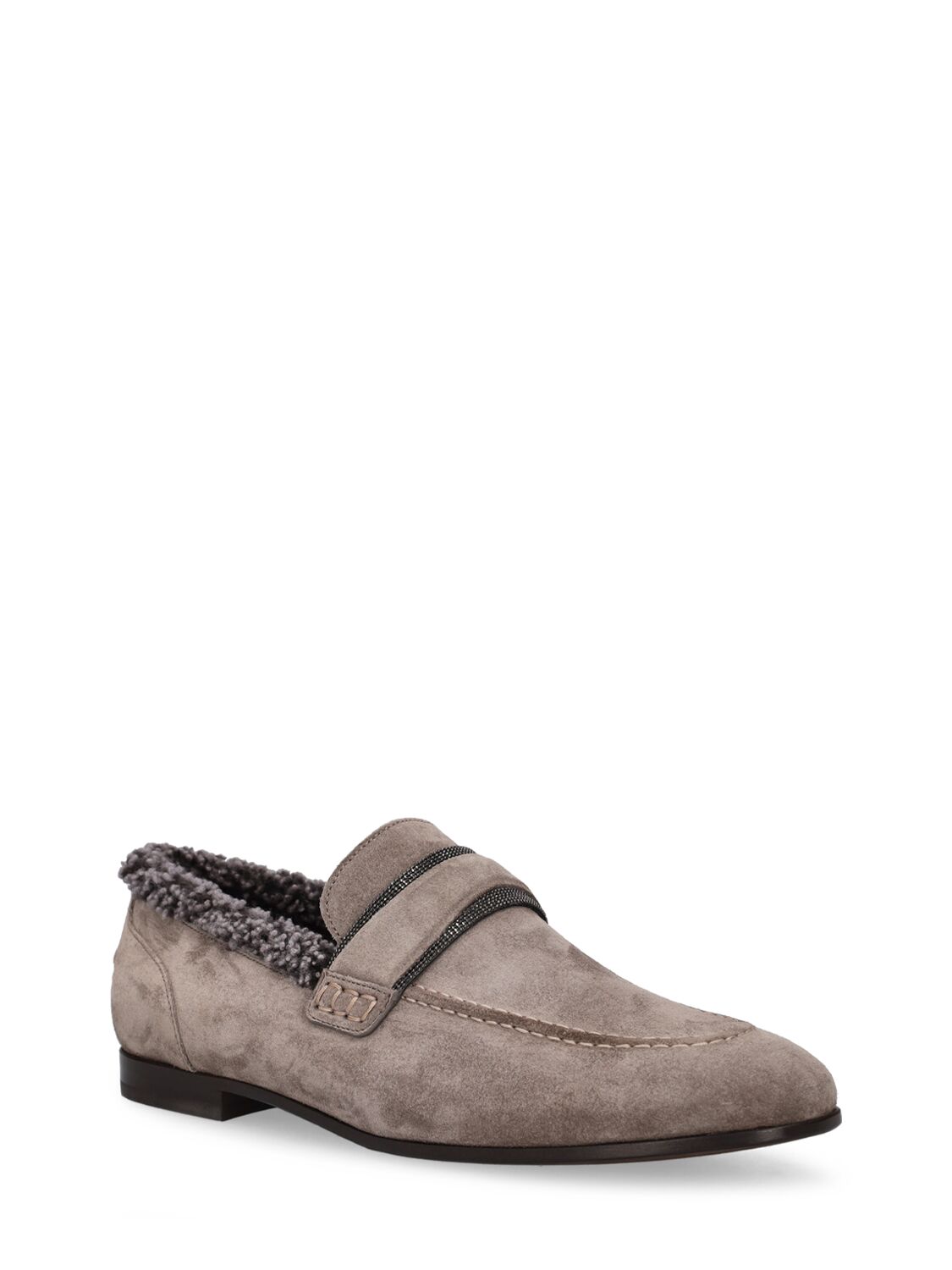 Shop Brunello Cucinelli 10mm Suede & Shearling Loafers In Dark Grey