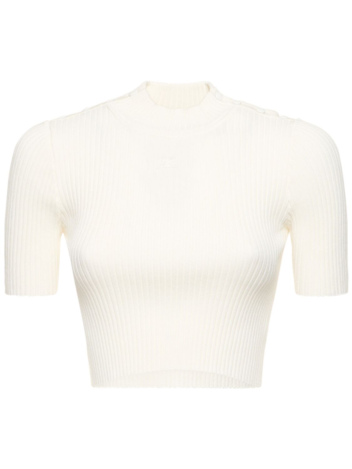 Courrèges Shoulder Snaps Rib Knit Crop Sweater In White